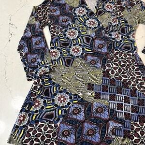 Salaam Colorful Patchwork Tunic Womens Small Blue Multicolor 3/4 Sleeve Top Y2K